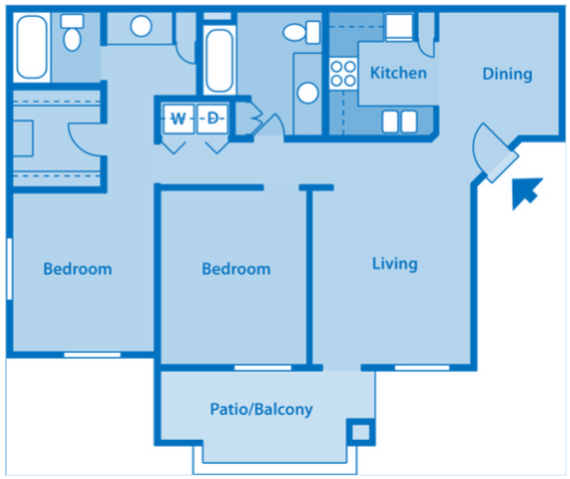 Floor plan for 2 beds, 2 baths, 963 sqft